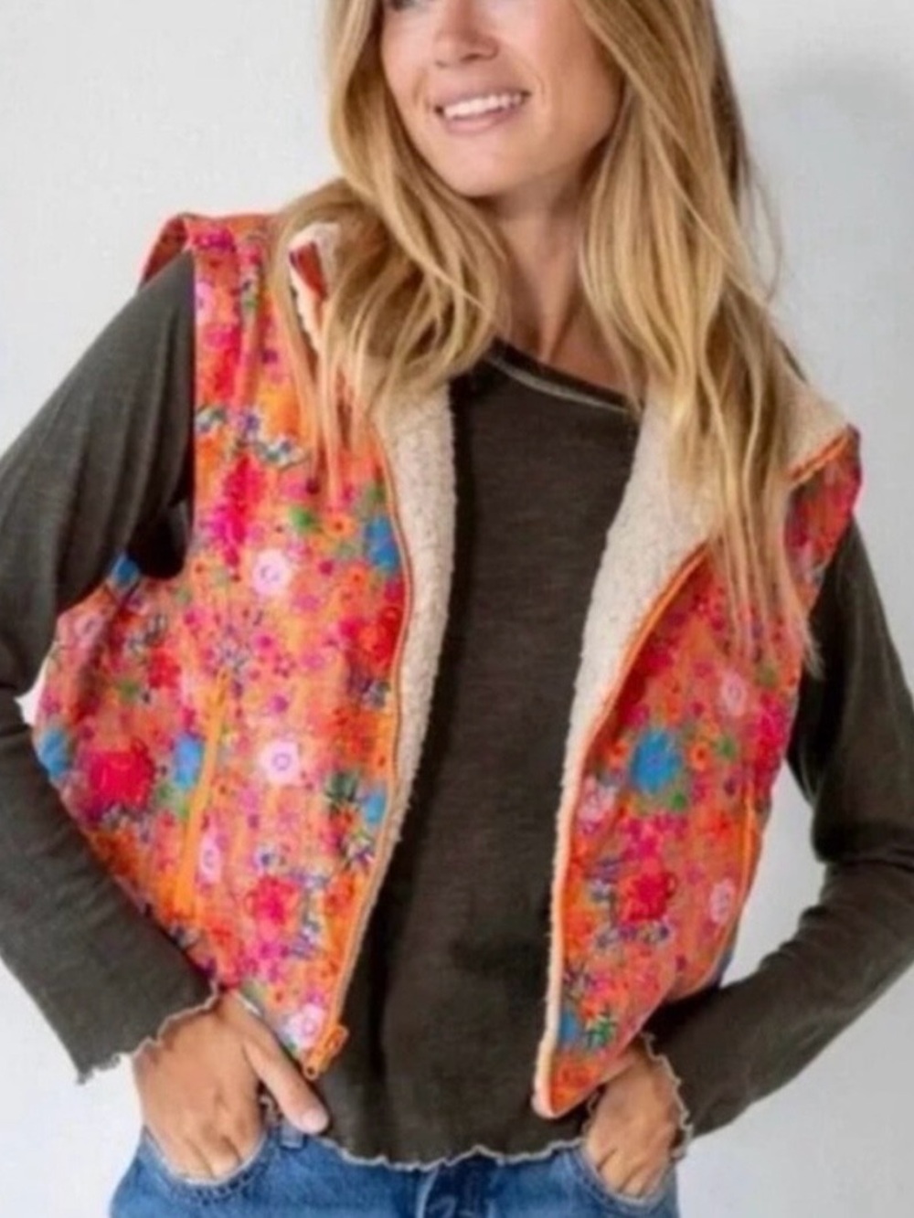 Natural Life NWT Reversible Sherpa Floral Puffer Vest Boho Fall Winter Sz Small